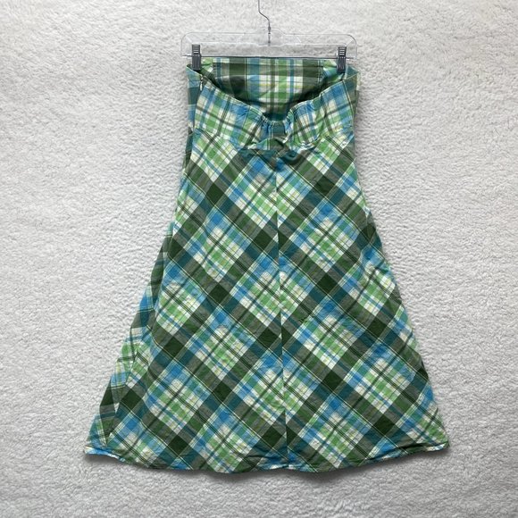 Y2K 2000s Vintage Gap Shift Dress 8 M Medium Green Blue Plaid Strapless Summer - Picture 2 of 12